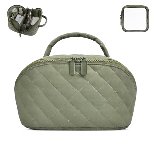 Makeup Bag,Quilted Puffer Cosmetic Bags,Travel Toiletry Bag for Women,Large Capacity Waterproof Make up Bag Set - color: Green, size: Large