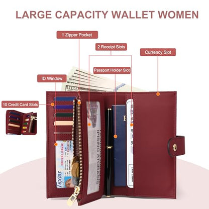 yiijay Womens Wallet RFID Blocking Leather Trifold Clutch Wallet Credit Card Holder Ladies Travel Wallet Purse with Pen Holder - color: 1Wine Red
