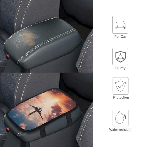 Airplane Sunset Sky Car Center Console Cover Pad,Airplane Sunset Sky Printed Universal Armrest Cover Pads Waterproof Vehicle Armrest Protector for Most Cars,Trucks and SUV