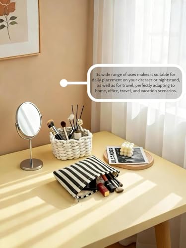 Large Black White Stripe Makeup Bag - Canvas Lined Cosmetic Toiletry Travel Pouch | Purse Organizer for Women & Girls - color: striped black