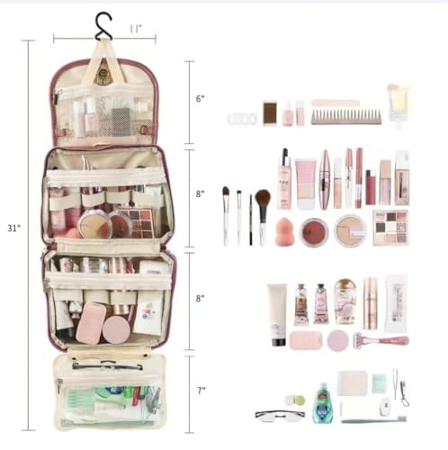 Travel Toiletry Bag for Women - Hanging Cosmetic Makeup Organizer with Clear Compartments, Water-Resistant Cosmetic Bag, Perfect for Vacation, and Daily Use (pink) - color: pink