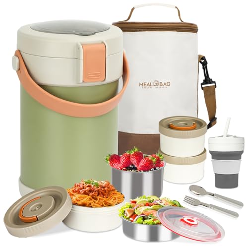67oz/2L Thermo for Hot Food, 304 Stainless Steel Vacuum Insulated Soup Thermo, Leak-Proof Thermal Lunch Box with 3 Stackable Bento Boxes for Adults Office Travel Camping, Large thermo for hot food - color: green