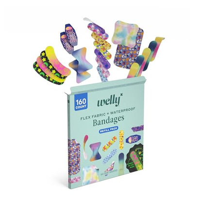 Welly Bandage Large Refill Pack | Adhesive Flexible Fabric, Glow-in-the-Dark & Waterproof Bandages | Assorted Shapes and Patterns for Minor Cuts, Scrapes, and Wounds - 160 Count - size: 160 Count (Pack of 1)