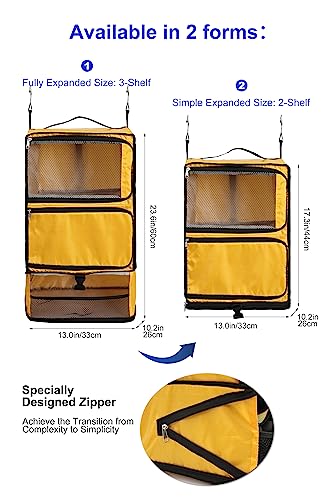 ELEZAY Hanging Packing Cubes Portable Closet 3-Shelf Travel Collapsible Compression Garment Organizer for Carry-on Luggage Suitcase Space Saver Bag X-Large_No Side Pockets, Yellow - color: Yellow, size: X-Large_12*10*24 IN