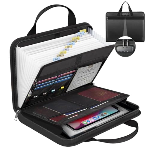 onvvippiv File Organizer Fireproof Expanding Accordion File Folder with Lock Zipper Labels13 Pockets Document Organizer Holder Storage Box Bag for Business Office Receipt Home Travel - color: Black, style: Newly Upgraded