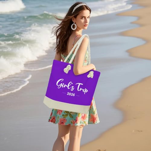 Fokongna Tote Bag For Women, Beach Bag Best Friend Travel Birthday Gifts, Travel Parties Vacation Shopping Essentials - color: Girls Trip Purple