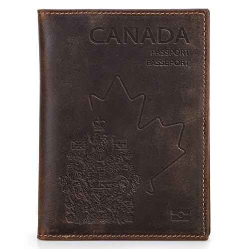 Top Grain Leather Single Travel Passport Wallet Embossing Badge for Unisex, Folio Design for Passport & Multi Cards, RFID Blocking for Passport/Cards/Checks/Bills/AirTag, Coffee Default, CA - color: 【CA】Canada Cover-Default Coffee, size: Badge Embossed Co
