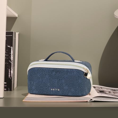 Prite Makeup Bag for Women Travel Waterproof Vegan Leather Cosmetic Bag Open Flat Toiletry Bag With Clear Divider and Handle (Blue Flower, Large) - color: Blue Flower, size: Large