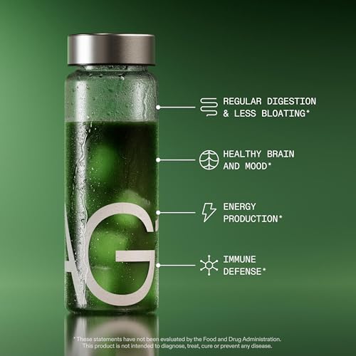 AG1 Greens Powder Supplement Bundle w/Stainless Steel Storage Canister – Multivitamin, Probiotic & Superfood Blend | Gut Health & Daily Wellness Support | Includes Shaker & Scoop | Vegan, Gluten-Free