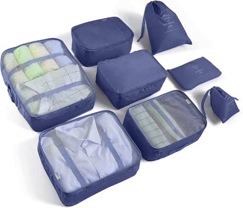8 Set Packing Cubes for Suitcases Travel Luggage Packing Organizers,Travel Essentials Accessories Luggage Organizer with Shoe Bag Tioletry/Laundry Bag（Dark Blue） - color: Dark Blue, size: 8 set