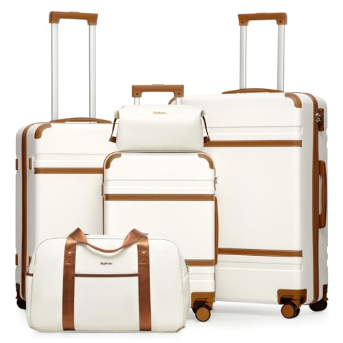 LONG VACATION Luggage Sets 5 Piece, Suitcases With Wheels, PC+ABS Hardshell Luggage Set with Spinner Wheels, TSA Lock (White Brown) - color: White Brown, size: 5 Piece Set (20, 24, 28 Inch)