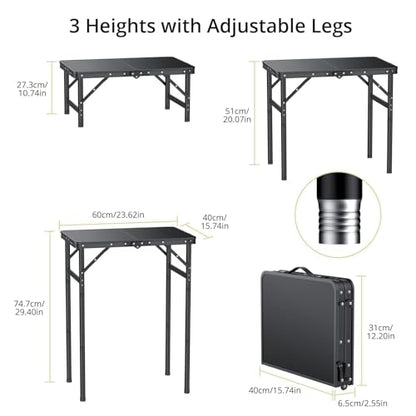 Anbte 2ft Folding Camping Table Max 29.5", 3 Adjustable Height Aluminum Small Folding Table with Storage Net & Portable Handle, Lightweight, for Travel Outdoor Beach Picnic Camp, 23.2" x 16", Black - size: 24"L x 16"W x 29.5H"