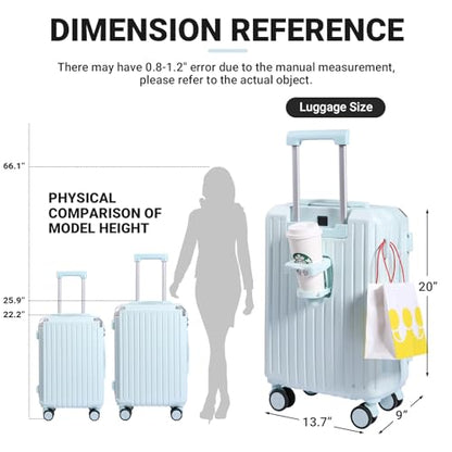 Carry-on Luggage with Cup Holder & USB Charging Port, Hard Side Luggage with Spinner Wheels, Lightweight Luggage for Travel, Business (Blue, Carry-On 20-Inch) - color: Blue