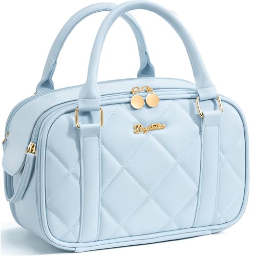 Bagstellar Travel Makeup Bag, Large Capacity Quilted Toiletry Bag for Women Stand-up Cosmetic Bag Open Flat Make Up Case Organizer Portable Pouch Purse w/Handle for Traveling Accessories, Blue - color: Blue