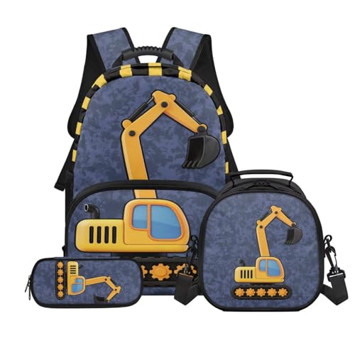 3pcs Kids Boys Backpack Sets with Reusable Insulated Lunch Box Big Capacity Pen Case Set,Excavator Daypack for Elementary Primary,Back to School Supplies - color: Excavator -2