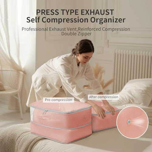DIMJ Comforter Storage Bag 4 Pack - Blanket Storage Organizer Compression Bags, Large Capacity Ultra Space Saving Self Compression Organize for Bedding, Pillow, Duvet, Sheet Storage with Zipper Window - color: Pink, size: 66L x 4 Pack