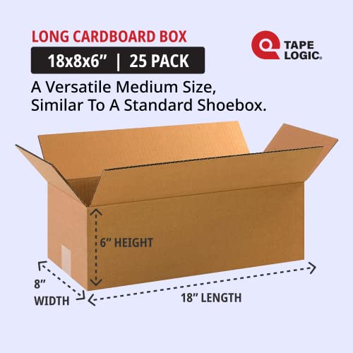 TAPE LOGIC 18 x 8 x 6 Corrugated Cardboard Boxes, Long 18"L x 8"W x 6"H, Pack of 25 | Shipping, Packaging, Moving, Storage Box for Home or Business, Strong Wholesale Bulk Boxes - size: 18" x 8" x 6"