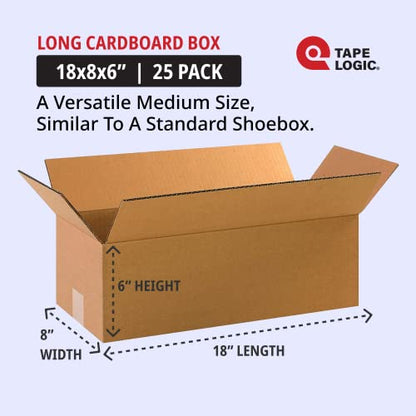 TAPE LOGIC 18 x 8 x 6 Corrugated Cardboard Boxes, Long 18"L x 8"W x 6"H, Pack of 25 | Shipping, Packaging, Moving, Storage Box for Home or Business, Strong Wholesale Bulk Boxes - size: 18" x 8" x 6"