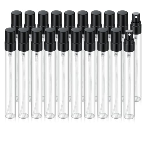 20Pcs 10ml Empty Clear Glass Mist Spray Bottle Refillable Mini Perfume Atomizer Travel Sample Bottle with Black Aluminized Nozzle Makeup Container for Perfume (10ml Black Caps) - color: 10ml Black Caps
