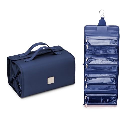ROYALFAIR Roll Up Makeup Bag, Travel Toiletry Bag for Women with 4 Clear TSA Approved Pouches, Hanging Travel Organizer, Folding Cosmetic Bag for Men and Women - color: Navy