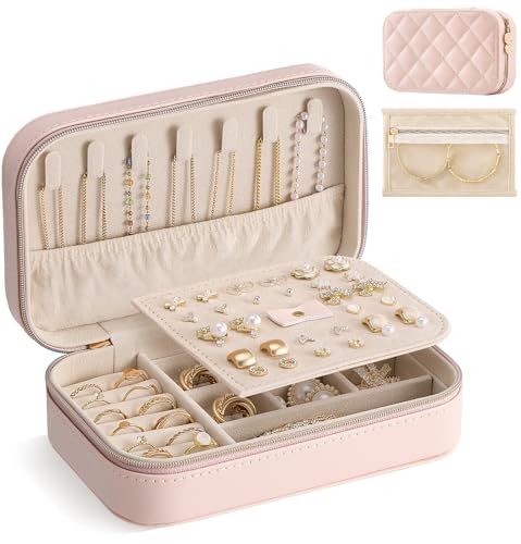 Lolalet Travel Jewelry Case for Women Girls, PU Leather Jewelry Organizer with Clear Storage Bag Small Portable Jewelry Box for Necklace Bracelet Earring Ring Birthday Bridesmaid Gifts -Medium/Pink - color: Pink, size: Medium (6.8"W*4.4"D*2.2"H)