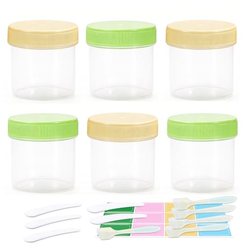ASEVAT 6 Pack 3.4oz/100ml Travel Containers for Toiletries, Large Plastic Jars with Lids (3 Yellow/3 Green), Refillable Body Butter Containers, Leak Proof Slime Jars with Mini Spatulas & Labels - color: Green
