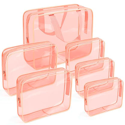 APREUTY Clear Makeup Bags, TSA Approved 6 Pcs Cosmetic Makeup Bags Set Clear PVC with Zipper Handle Portable Travel Luggage Pouch Airport Airline Vacation Organization (Peach) - color: Peach-6PCS (Large+Medium+Small)