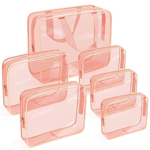 APREUTY Clear Makeup Bags, TSA Approved 6 Pcs Cosmetic Makeup Bags Set Clear PVC with Zipper Handle Portable Travel Luggage Pouch Airport Airline Vacation Organization (Peach) - color: Peach-6PCS (Large+Medium+Small)