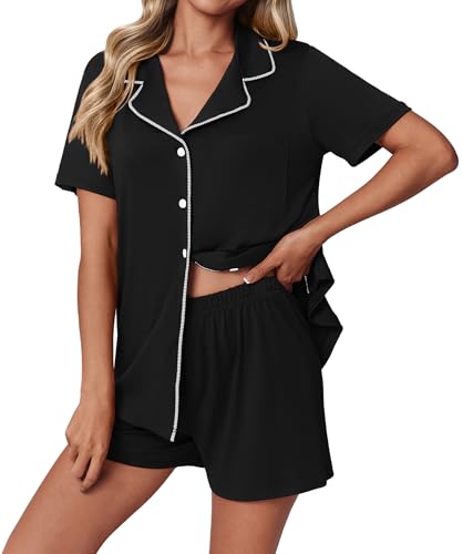 Ekouaer Pajamas Set for Women 2 Piece Pjs Short Sleeve Sleepwear Button Down Lounge Shorts Sets S-XXL - color: Black, size: X-Large