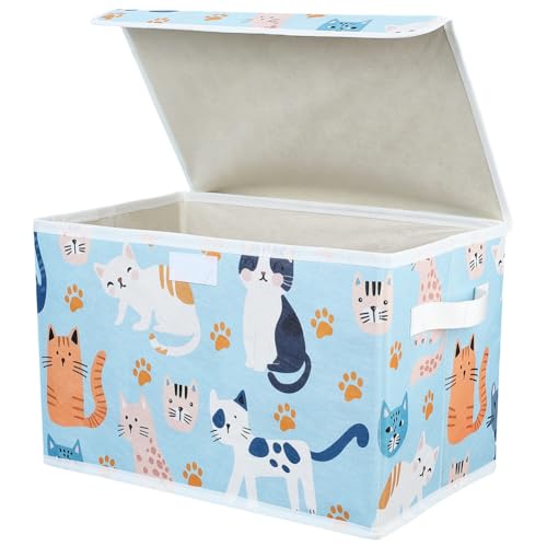 Cat Themed Storage Box Collapsible Fabric Storage Bins Decorative Cute Cats Print Blue Organizer Cubes with Lids and Carrying Handle Rectangle Folding Containers for Bedroom Closet Shelves - color: Cat