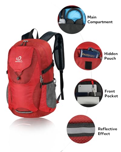 WATERFLY Lightweight Packable Hiking Backpack: 30L Foldable Travel Daypack Ultralight Camping Day Pack for Woman Man - color: Red