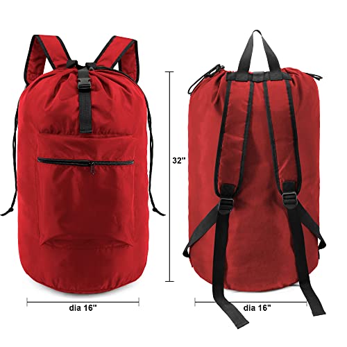 BeeGreen Laundry-Bag-Backpack-Extra-Large, Red Nylon Drawstring Portable Laundry Backpack Tall Foldable Heavy Duty Dirty Clothes Travel Bag with Handle College Dorm Apartment Essentials - color: Red, style: With Front Zipper Pocket