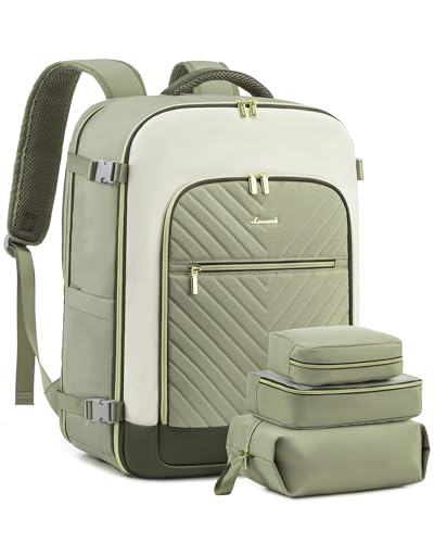 LOVEVOOK Large Travel Backpack for Women, TSA Carry on Backpack for Airplanes, 50L Personal Item Travel Bag for Women fits 17" Laptop,Waterproof Carry on Bag Airplane Approved with 3 Packing Cubes - color: Bean Green - Light Yellow - Dark Olive Green, siz
