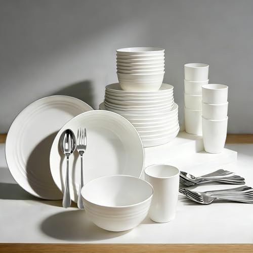 48 Piece Plates and Bowls Sets for 8- Unbreakable Wheat Straw Dinnerware Sets Includes Stainless Steel Forks for Picnic Camping Outdoor Kitchen and Apartment Dinning RV Essentials-White - color: White, size: 48PCS