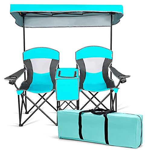 S AFSTAR Double Camping Chair w/Shade Canopy, 2-Person Folding Camp and Beach Chair with Mini Table Beverage Cup Holder Carrying Bag, Collapsible Camping Chairs for Garden Patio Pool Beach - color: Turquoise