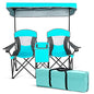 S AFSTAR Double Camping Chair w/Shade Canopy, 2-Person Folding Camp and Beach Chair with Mini Table Beverage Cup Holder Carrying Bag, Collapsible Camping Chairs for Garden Patio Pool Beach - color: Turquoise