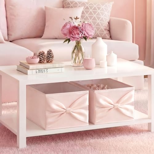 Gerrii 2 Pack Light Pink Bow Storage Bins for Closet 18.5" x 11.02" x 7.87" Large Stylish Fabric Organizers with Bow Handles Grid Dorm Organizer Open Compartments for Underwear Socks Accessories
