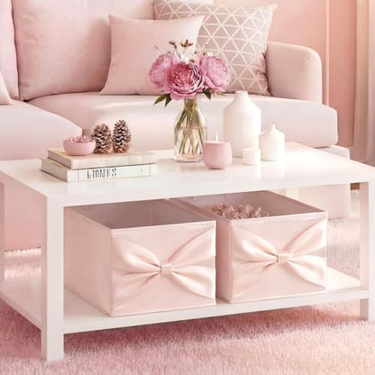 Gerrii 2 Pack Light Pink Bow Storage Bins for Closet 18.5" x 11.02" x 7.87" Large Stylish Fabric Organizers with Bow Handles Grid Dorm Organizer Open Compartments for Underwear Socks Accessories
