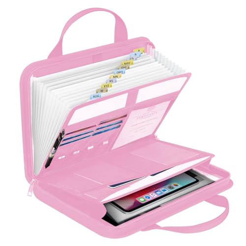 onvvippiv File Organizer Fireproof Expanding Accordion File Folder with Zipper Labels13 Pockets Document Organizer Holder Storage Box Bag for Business Office Receipt Home Travel - color: Pink, style: Classic