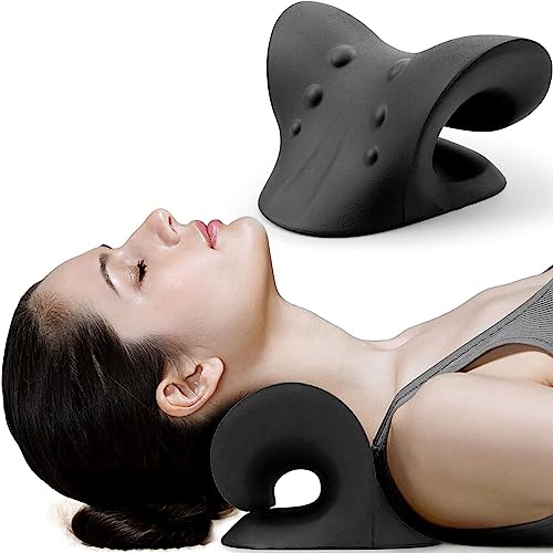 RESTCLOUD Neck and Shoulder Relaxer, Cervical Traction Device for TMJ Pain Relief and Cervical Spine Alignment, Chiropractic Pillow, Neck Stretcher (Black) - color: Dblack