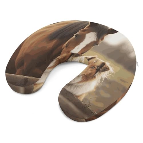 Collie Dog and Horse Together Travel Pillow Neck Rest Memory Foam U-Shaped Pillow Soft Comfortable Travel Neck Pillow Sleeping Rest Cushion Travel Accessories for Airplane Car Office
