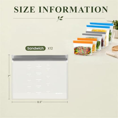 Dishwasher Safe Reusable Storage Bags Stand Up - BPA Free Reusable Sandwich Bags - Leakproof Gallon Freezer Bags, Food Storage Bags - Gray 12 Sandwich Bags - color: Grey (12 Sandwich)