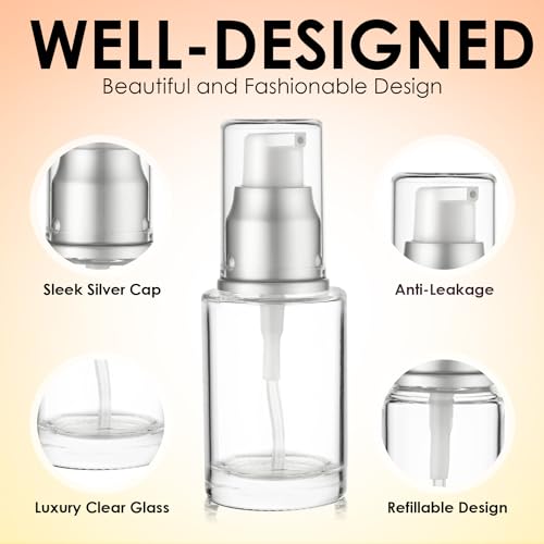 VitalUp 1 Oz 30ml Refillable Luxury Clear Glass Lotion Travel Pump Bottle with Silver Cap for Cosmetics, Lotion, Body Cream, Sanitizers, Cream, Foundation (Pack of 3) - size: 30 ml (3 Pack)