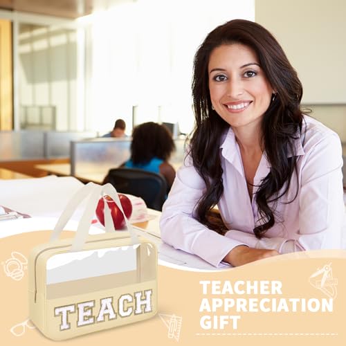 izuzta Teacher Appreciation Gifts TEACH Chenille Letter Clear Makeup Bag Pouch, Monogram Teacher Supplies Zipper with Handle Travel Cosmetic Bag Graduation Retirement Gifts for Women(TEACH-Beige) - color: TEACH-Beige