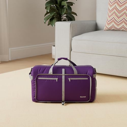 Gonex Large Foldable Travel Duffle Bag with Shoes Compartment, Packable Lightweight Water Repellent Duffel Bag for Camping Gym Weekender Bag - color: Purple, size: 60L