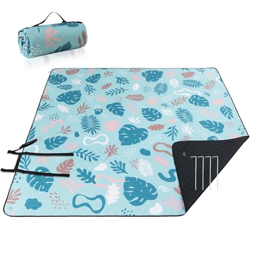 PY SUPER MODE Extra Large Waterproof Picnic Blankets 83x79 Inches - 5 Layer Outdoor Picnic Mat for Beach Camping Park Lawn, Windproof Anchor System with Stakes, Foldable Blue&Green - color: Blue&green