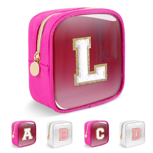 Personalized Initial Letter Clear Preppy Makeup Bag,Mini Nylon Chenille Letter Cosmetic Bag Cute Zipper Pouch Coin Purse for Teen Girls,Portable TSA Approved Travel Essentials Bag Gift for Women,L - color: Mini-Hot Pink, size: L