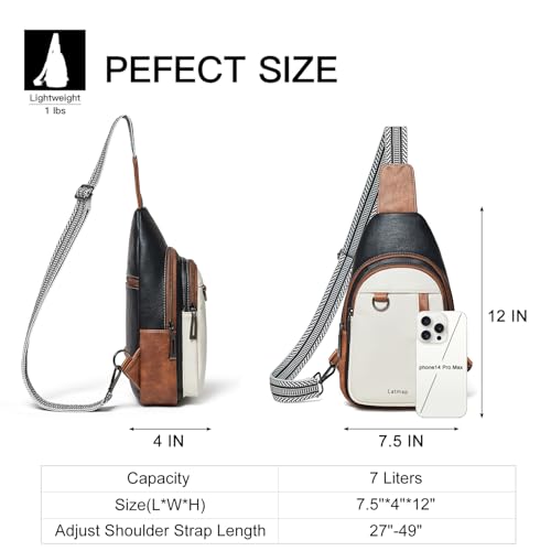 LATMAP 7L Sling Bag for Women Men Leather Small Sling Backpack Daypack Anti Theft Fanny Pack Crossbody Purse Travel - color: Regular Size-black and Brown With Beige