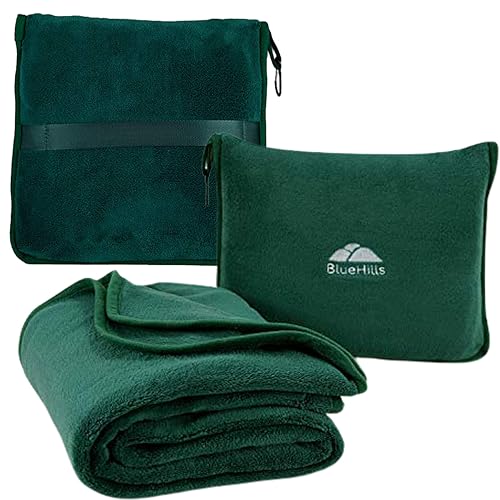 BlueHills Premium Soft Travel Blanket Pillow Airplane Flight Blanket Throw in Soft Bag Pillowcase Compact Pack Large Comfort for Travel Green (Dark Green T010) - color: Green-1pk-t010