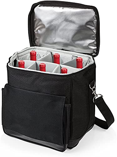 Picnic TIME Cellar 6-Bottle Wine Carrier & Cooler Tote, Insulated Padded Wine Cooler Bag for Travel, Portable Water-Resistant Wine Bag, (Black with Gray Accents) - style: Wine Carrier With Trolley